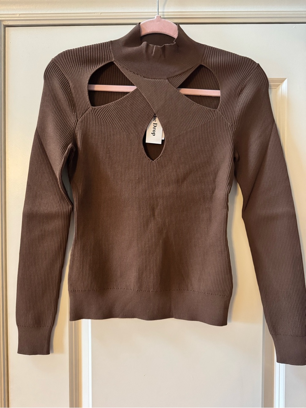The Drop Ribbed Cutout Sweater Mock Neck Coffee Brown NWT Small Dark Academia - Picture 6 of 6